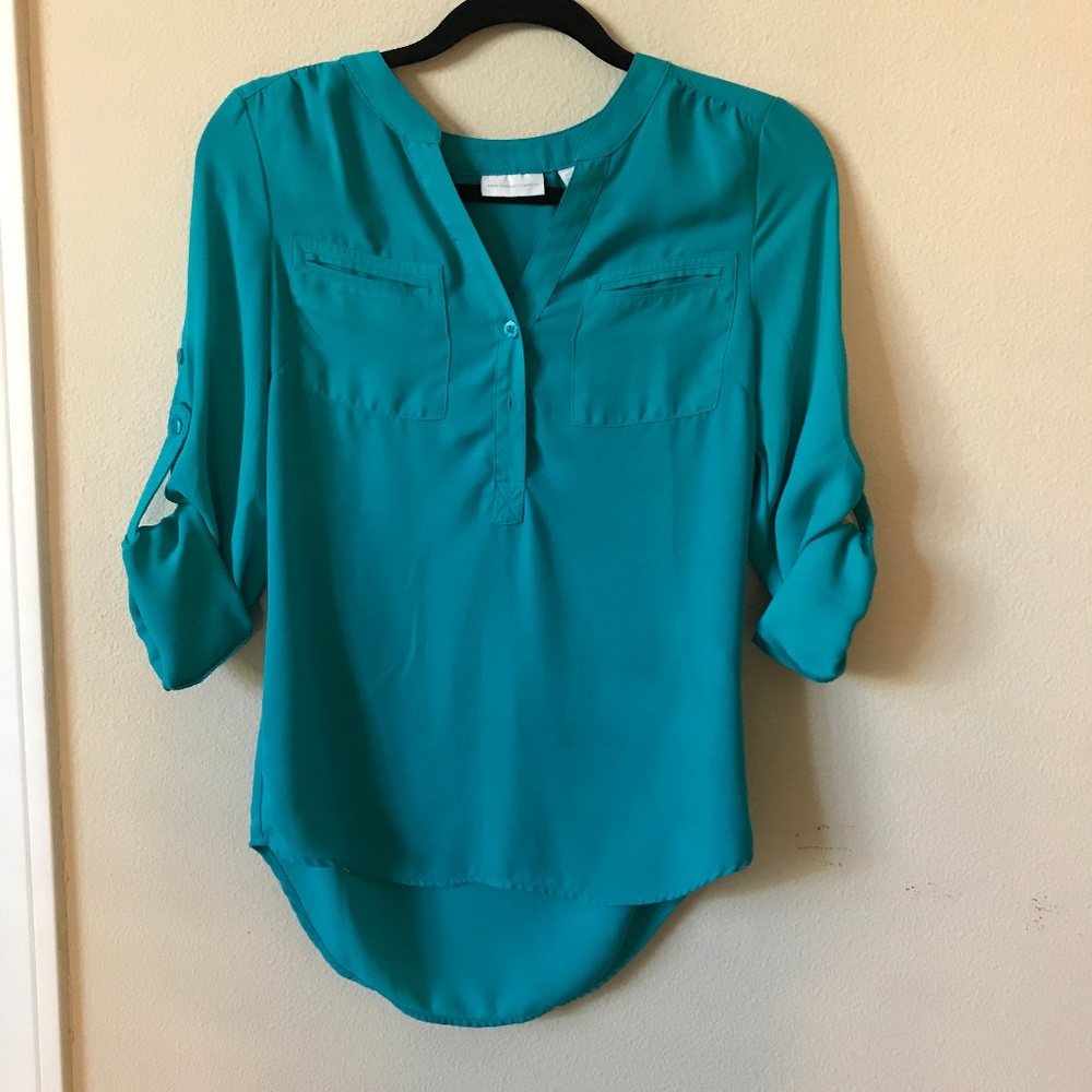 New York & Co Half Button Up Blouse Turquoise - XS